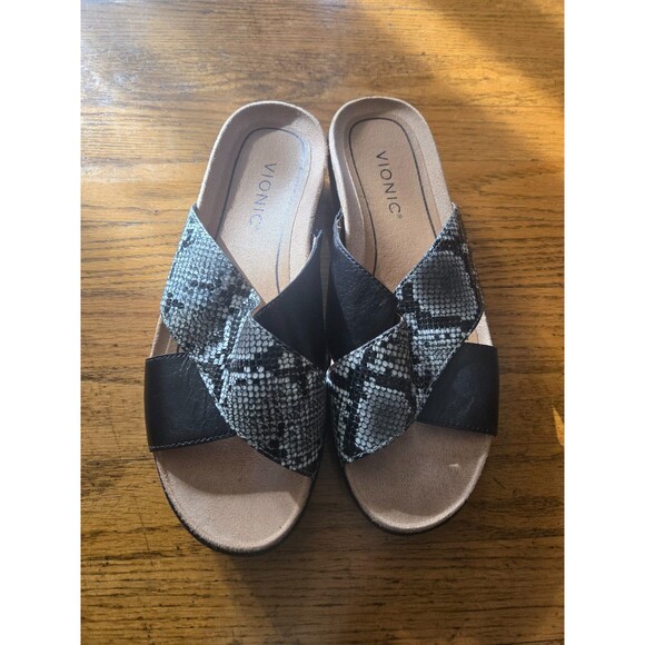 Vionic Hayden Platform Slide Sandals Womens Size 8 Black Snake Pattern - Picture 1 of 7